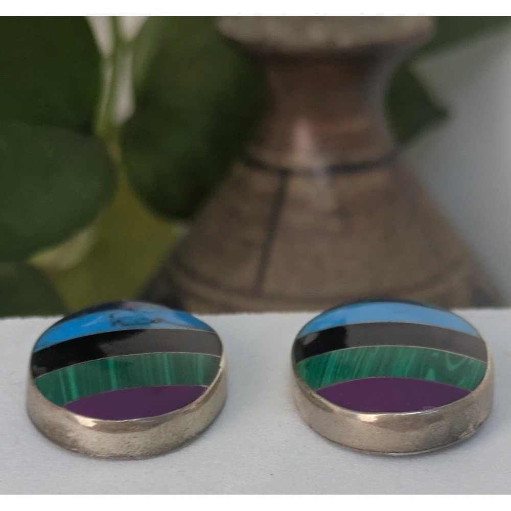 Vintage Taxco Sterling Silver Multi Stone Large‎ earrings Turquoise & Malachite - Picture 2 of 6